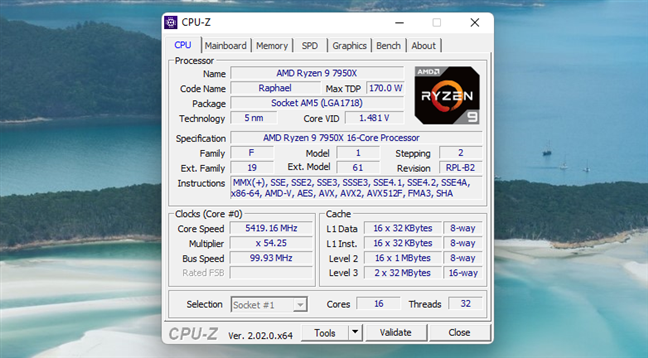 AMD Ryzen 9 7950X specs as shown by CPU-Z