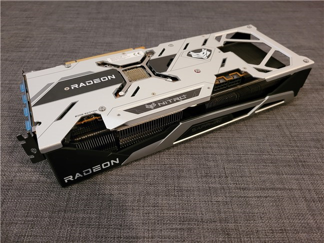 The metallic backplate on the Sapphire Nitro+ AMD Radeon RX 6750 XT