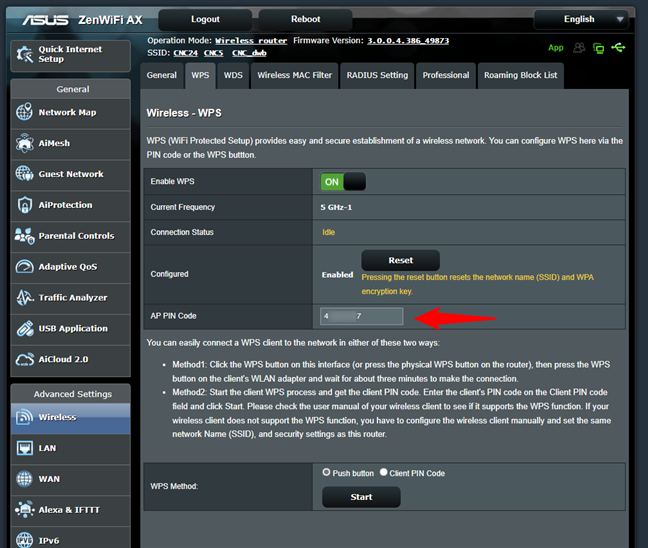 The WPS PIN code on an ASUS mesh Wi-Fi