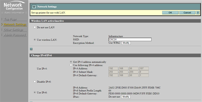 The web-based configuration interface of a wireless printer