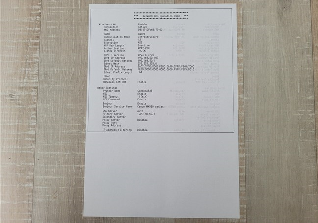 The Network Configuration Page shows the connection details for a wireless printer