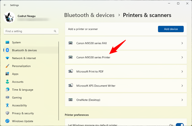 A wireless printer installed and listed in Windows 11's Settings