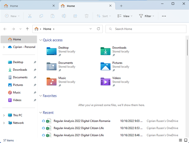 New tabs open in the Home section of File Explorer