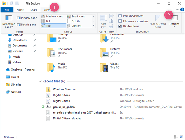 In Windows 10's File Explorer, go to View > Options