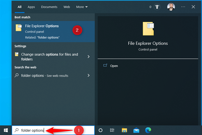 In Windows 10, search for Folder Options