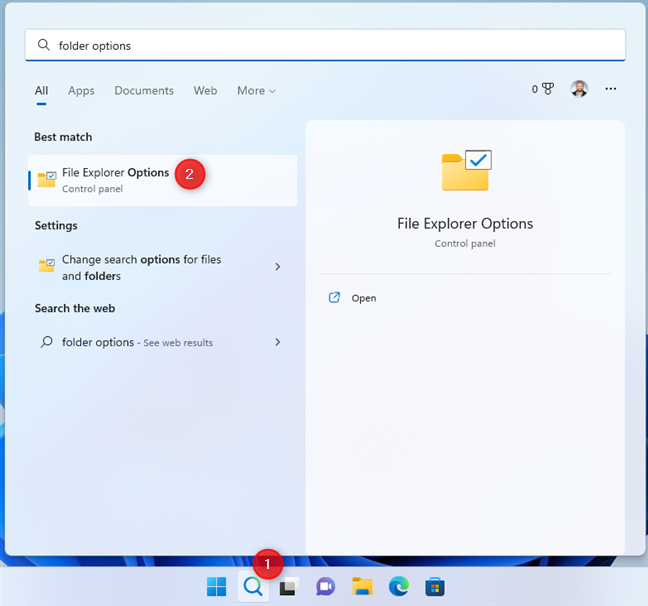 In Windows 11, search for Folder Options