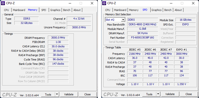 G.Skill Trident Z5 Neo DDR5-6000 32GB specifications shown by CPU-Z