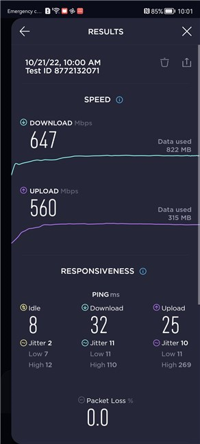 Internet speed results on the HUAWEI nova 10