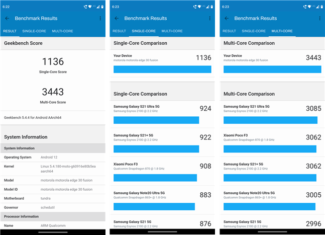 Motorola Edge 30 Fusion benchmark results in Geekbench 5