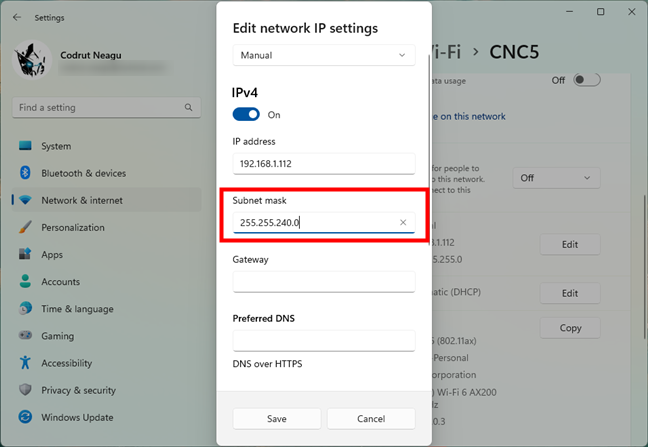 Change the subnet mask in Windows 11