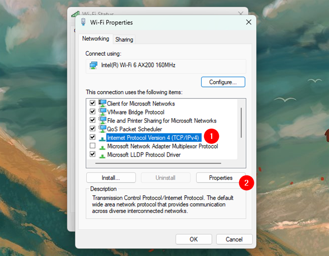 Opening the Properties window for IPv4