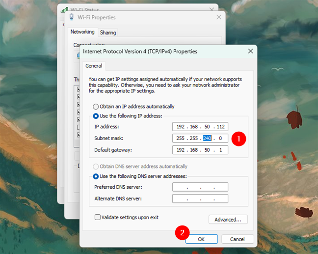 Changing the subnet mask of a network connection