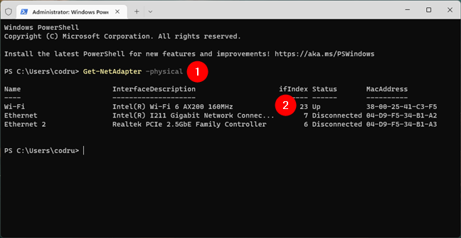 Find the interface number of the network adapter