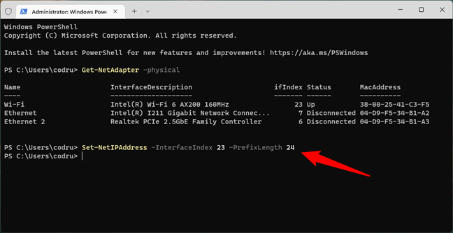 Set a subnet mask from PowerShell