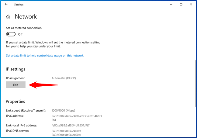 Editing the IP settings of a network connection