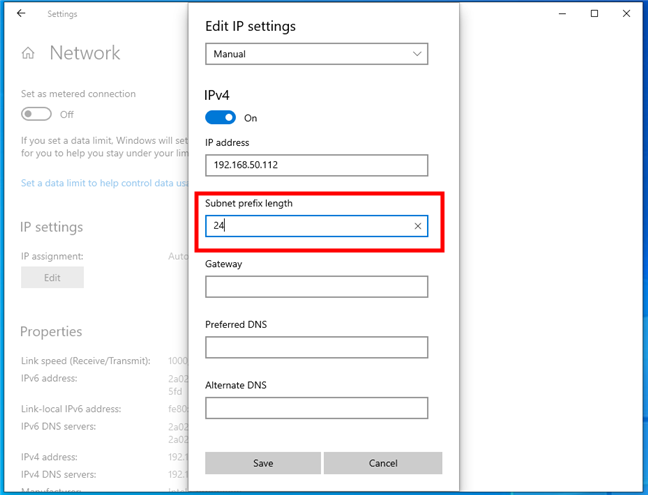 The Subnet prefix length setting of a network connection