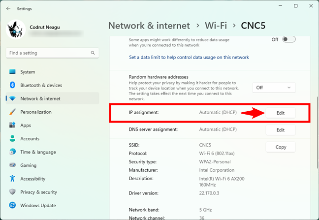 Choose to Edit the IP assignment settings