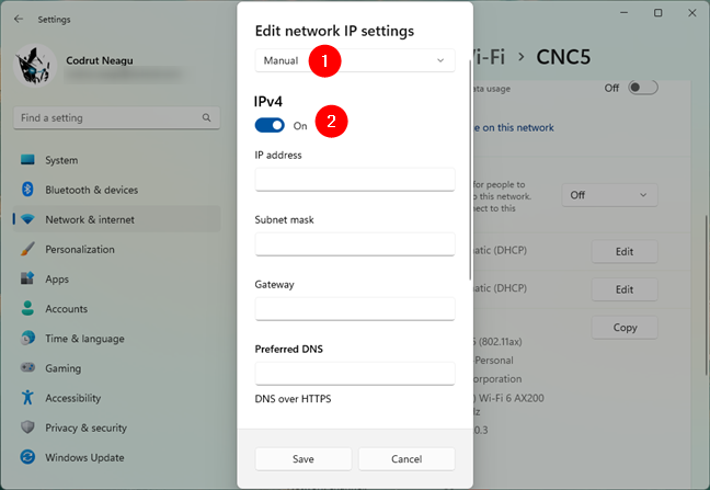 Edit network IP settings in Windows 11