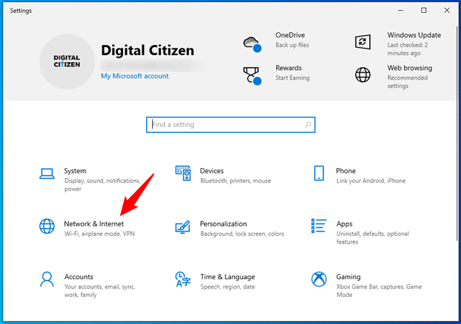 The Network & Internet settings in Windows 10