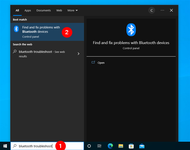 Search for Bluetooth troubleshoot in Windows 10