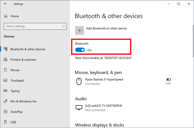 Bluetooth is turned on in Windows 10