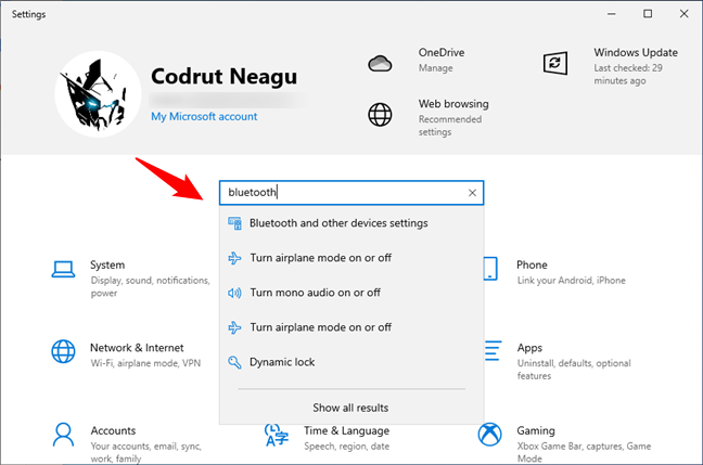 Open the Bluetooth settings using just the keyboard