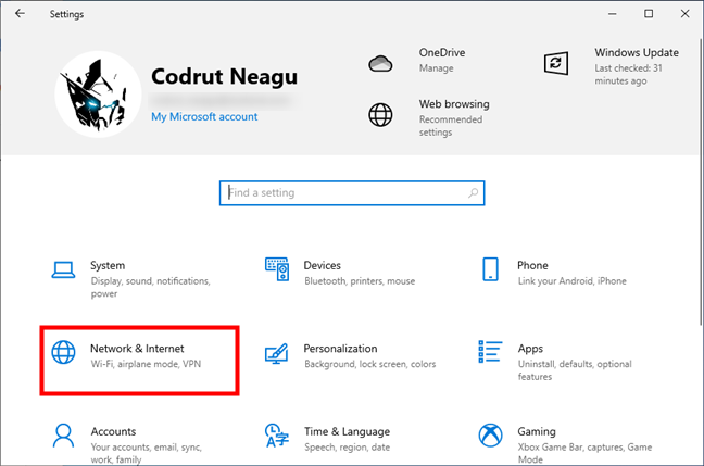 Access Network & Internet in Windows 10's Settings