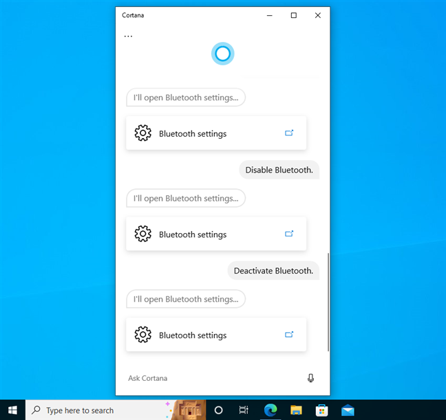 Ask Cortana about Bluetooth and she'll open Bluetooth settings