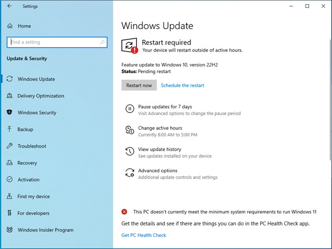 Windows 10, version 22H2 requires a restart
