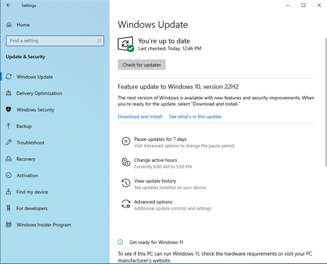 Check for updates in Windows Update
