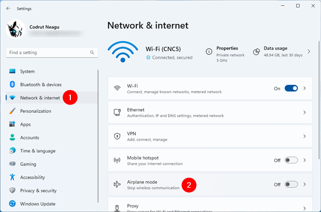 Airplane mode settings in Windows 11