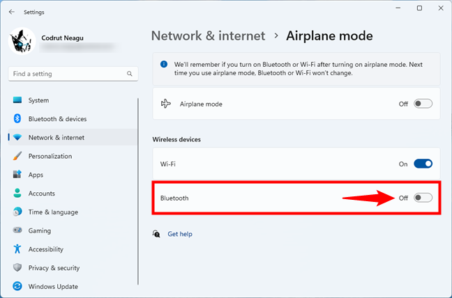 The Bluetooth switch from the Airplane mode settings