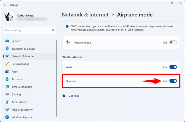 Turning on Bluetooth in Windows 11 from Airplane mode