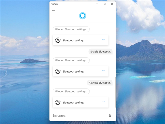 Using Cortana to open the Bluetooth settings