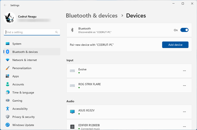The Bluetooth settings from Windows 11
