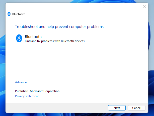 The Bluetooth troubleshooter in Windows 11