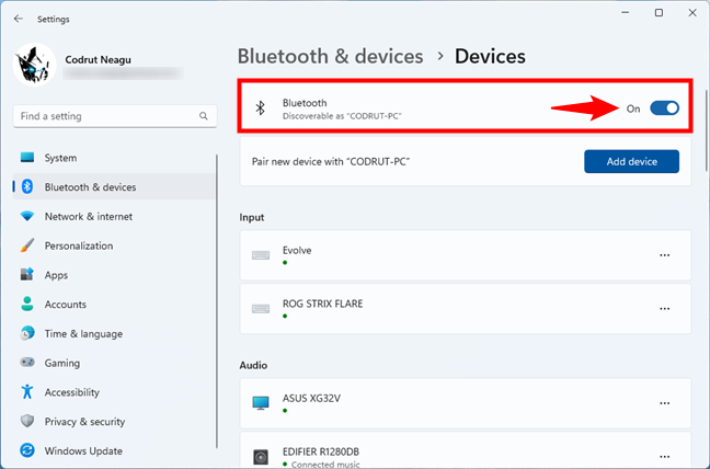 Turning Bluetooth on or off in Bluetooth & devices > Devices