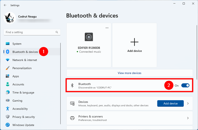The Bluetooth switch from Windows 11's Settings