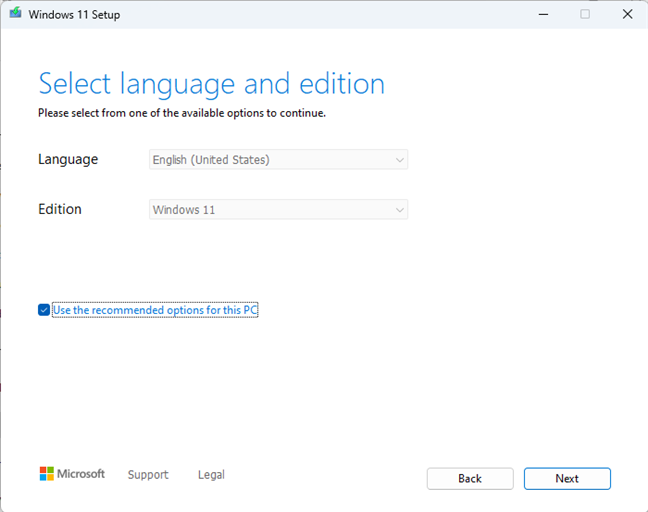 Select the language and edition for the Windows 11 ISO