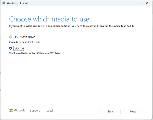 Choose to create a Windows 11 ISO file
