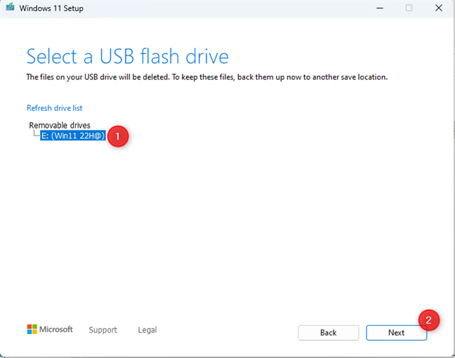Select the USB drive for creating Windows 11 installation media