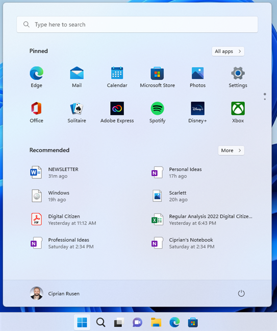 The Start Menu with more recommended items