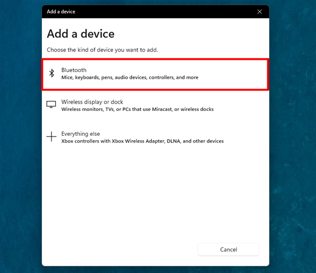Choose Bluetooth in the Add device wizard