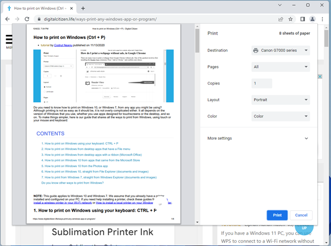 The print dialogue shown by Google Chrome