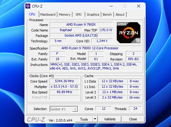 Tech specs for the AMD Ryzen 9 7900X
