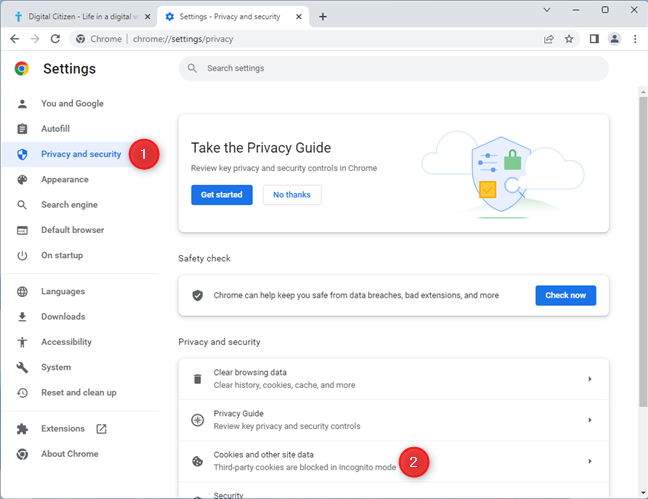 Go to Privacy and security > Cookies and other site data