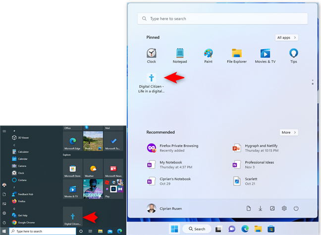 The pinned shortcut in Windows 10 (left) vs Windows 11 (right)
