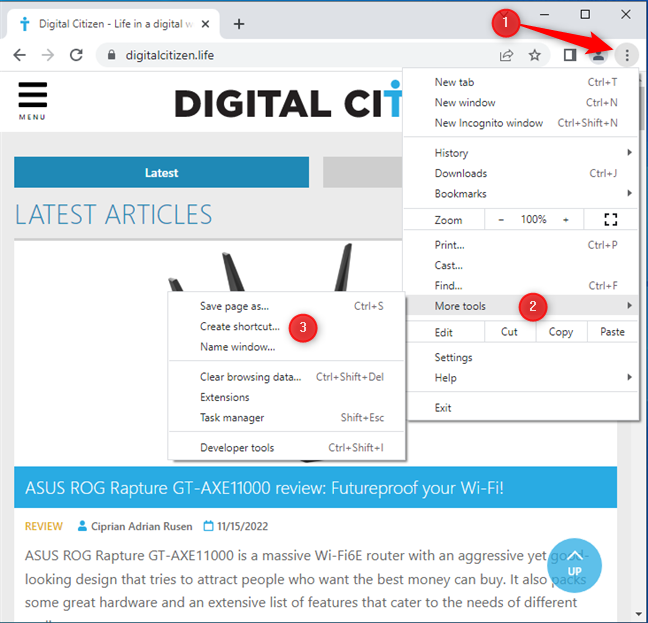 Customize and control Google Chrome > More tools > Create shortcut