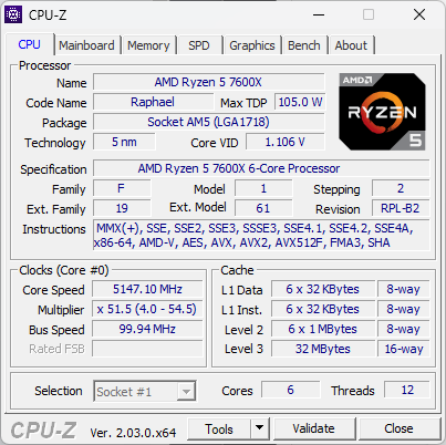AMD Ryzen 5 7600X runs at 4.7 GHz and boosts to 5.3 GHz
