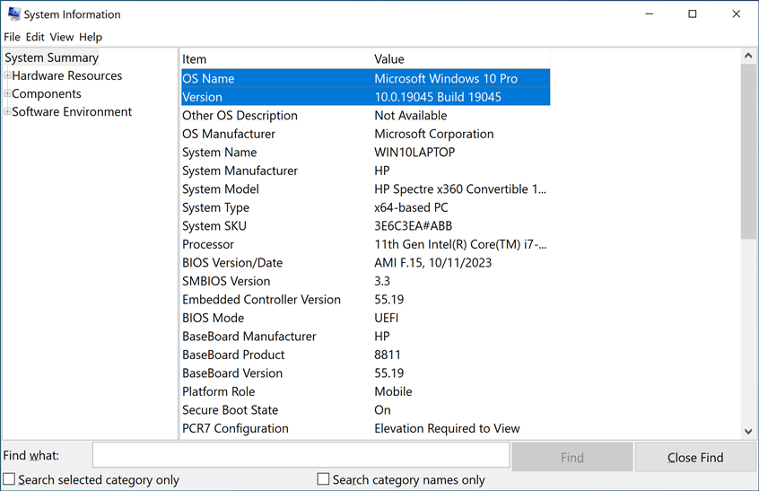 System Information reveals the Windows 10 edition, version number, and build